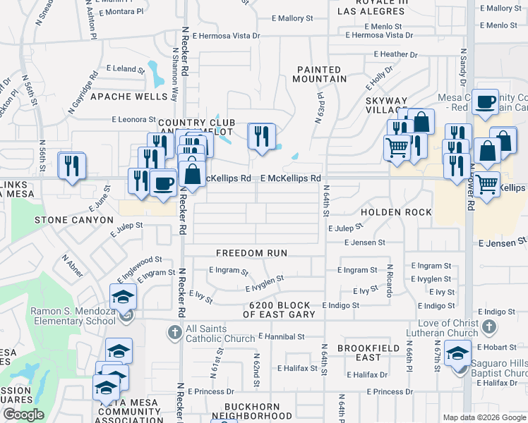 map of restaurants, bars, coffee shops, grocery stores, and more near 6209 East McKellips Road in Mesa