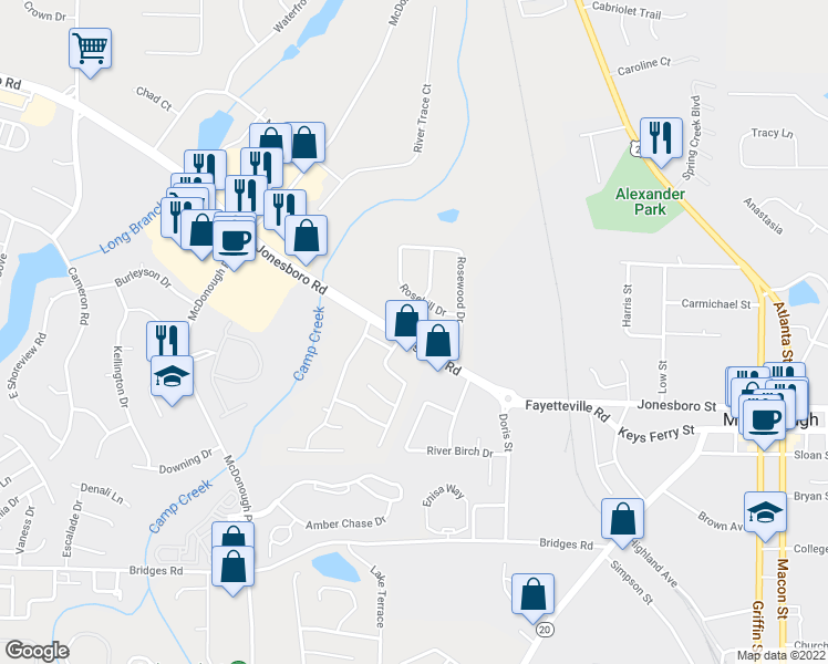 map of restaurants, bars, coffee shops, grocery stores, and more near 105 Rosebud Lane in McDonough