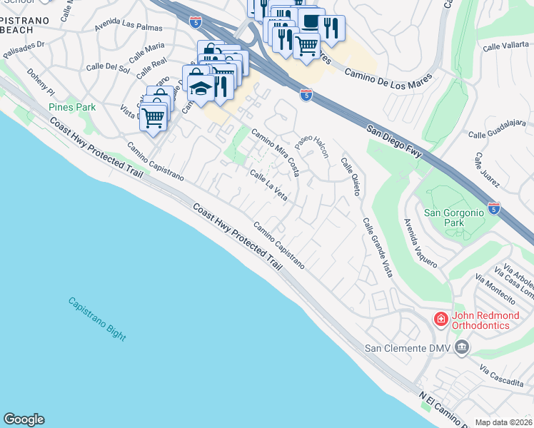 map of restaurants, bars, coffee shops, grocery stores, and more near 27351 Vista Azul in Dana Point