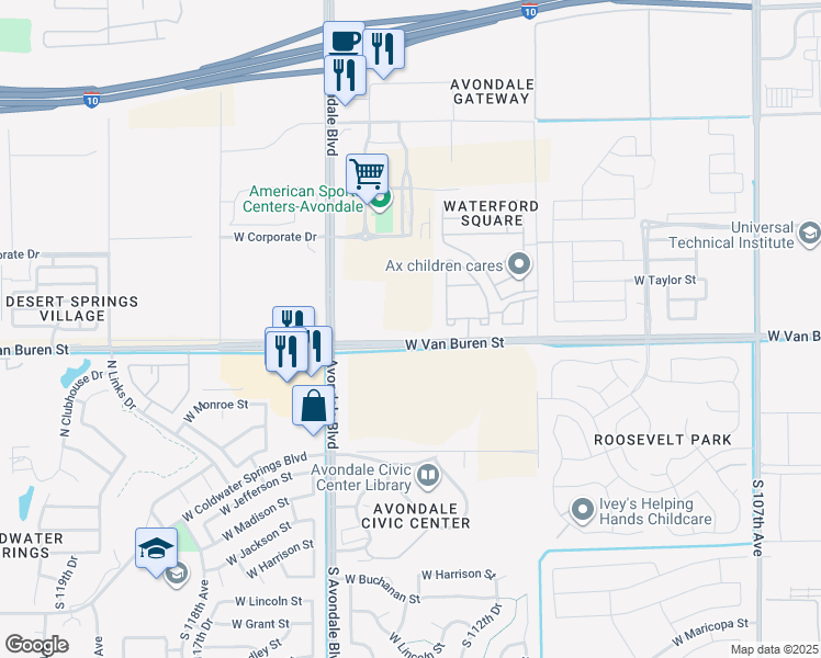 map of restaurants, bars, coffee shops, grocery stores, and more near 11484 West Van Buren Street in Avondale
