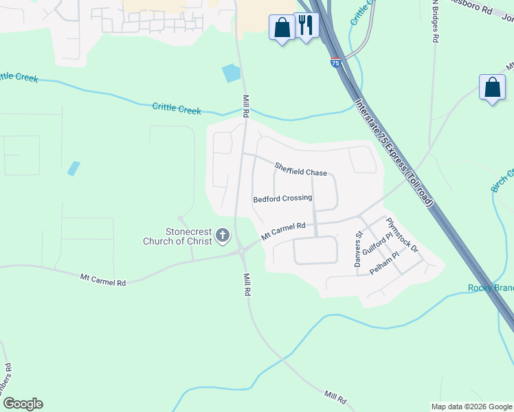 map of restaurants, bars, coffee shops, grocery stores, and more near 612 Hennepin Terrace in McDonough