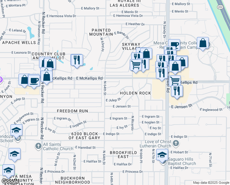 map of restaurants, bars, coffee shops, grocery stores, and more near 6442 East June Street in Mesa
