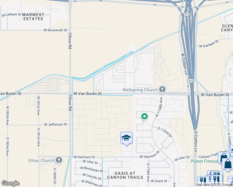 map of restaurants, bars, coffee shops, grocery stores, and more near 17641 West Van Buren Street in Goodyear