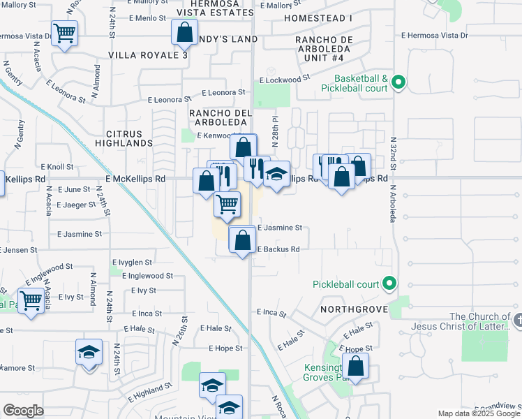 map of restaurants, bars, coffee shops, grocery stores, and more near 2844 East Jasmine Street in Mesa