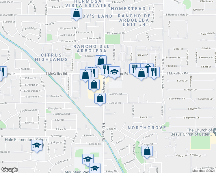 map of restaurants, bars, coffee shops, grocery stores, and more near 2844 East Jasmine Street in Mesa
