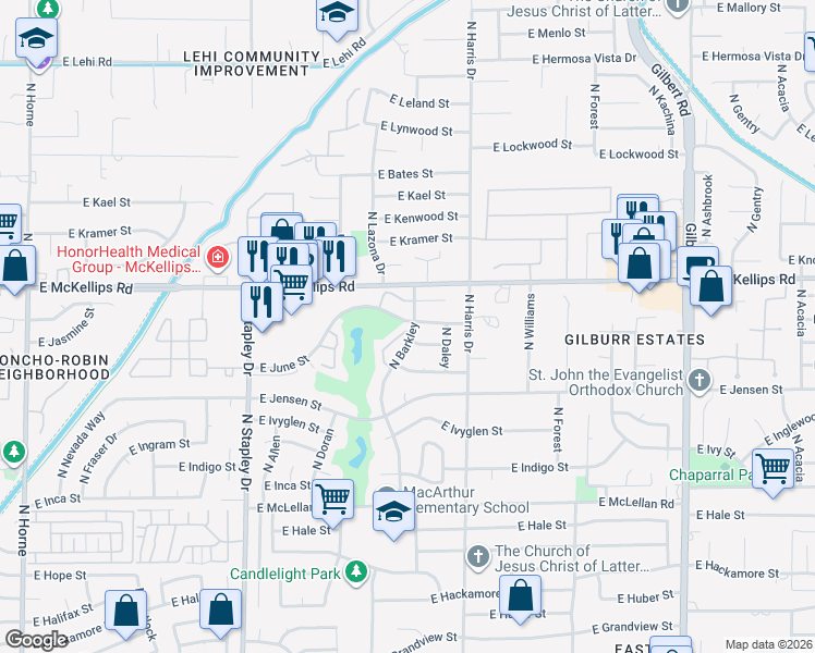 map of restaurants, bars, coffee shops, grocery stores, and more near 1509 East June Street in Mesa
