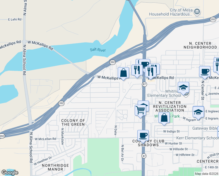 map of restaurants, bars, coffee shops, grocery stores, and more near 625 West McKellips Road in Mesa
