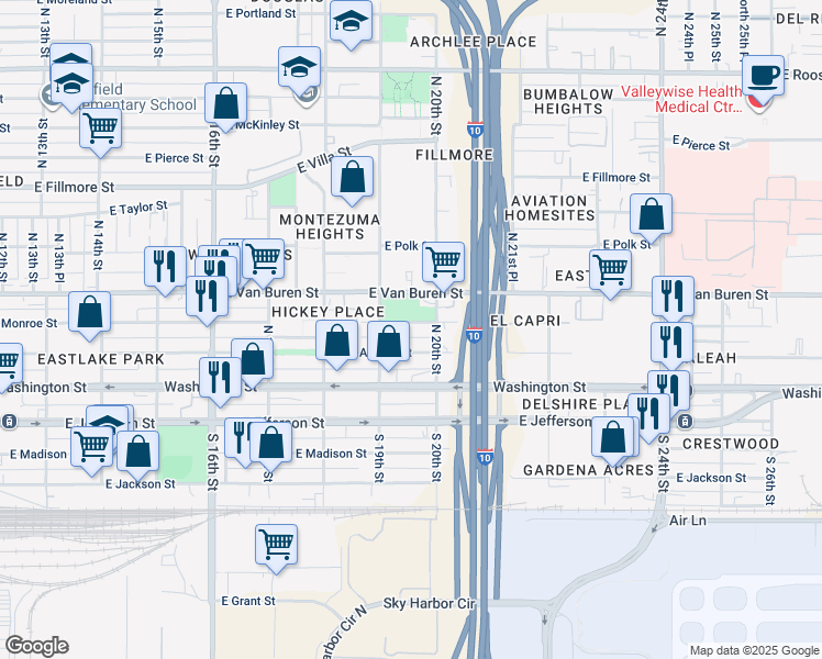 map of restaurants, bars, coffee shops, grocery stores, and more near 1937 East Monroe Street in Phoenix