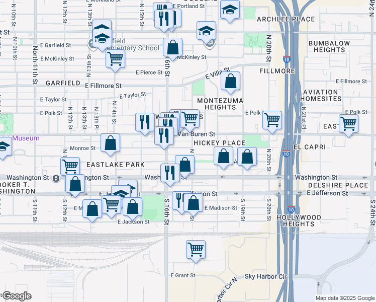 map of restaurants, bars, coffee shops, grocery stores, and more near 414 East Adams Street in Phoenix