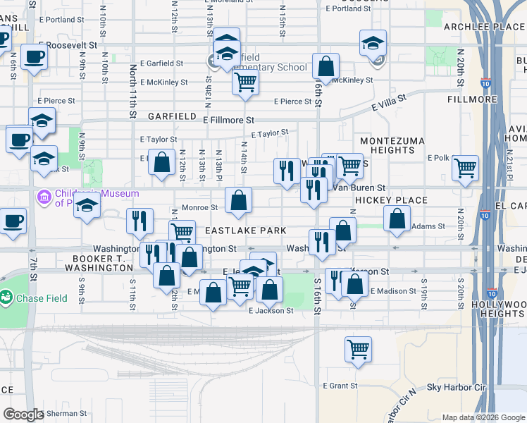 map of restaurants, bars, coffee shops, grocery stores, and more near 1411 East Monroe Street in Phoenix