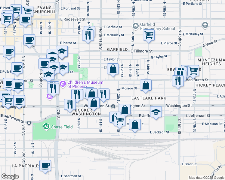 map of restaurants, bars, coffee shops, grocery stores, and more near 1134 East Monroe Street in Phoenix