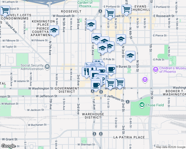 map of restaurants, bars, coffee shops, grocery stores, and more near 111 West Monroe Street in Phoenix