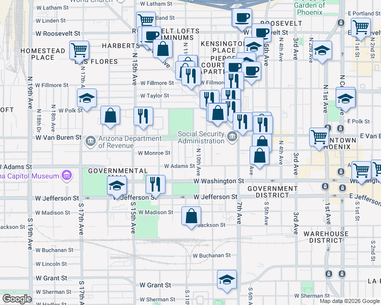 map of restaurants, bars, coffee shops, grocery stores, and more near 126 North 10th Avenue in Phoenix