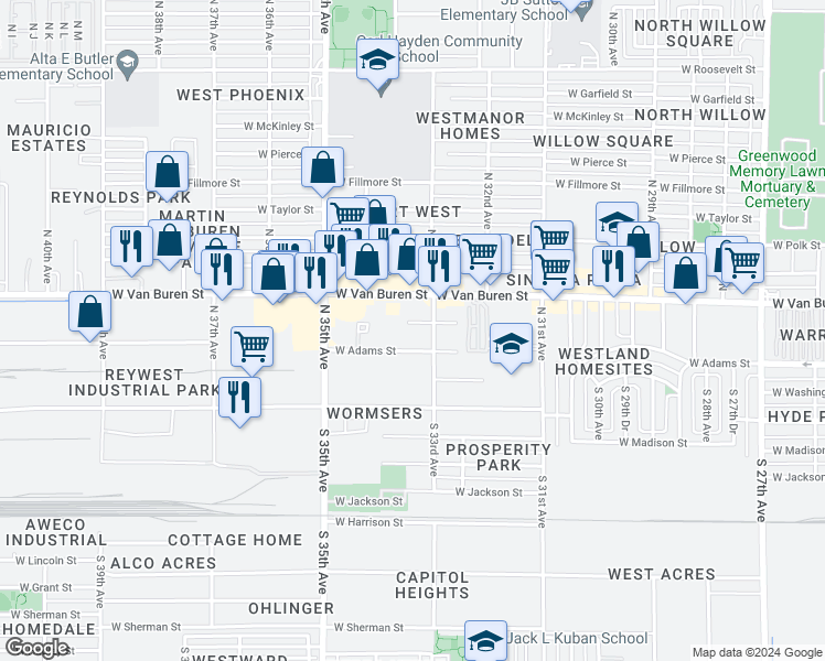map of restaurants, bars, coffee shops, grocery stores, and more near 3318 West Adams Street in Phoenix