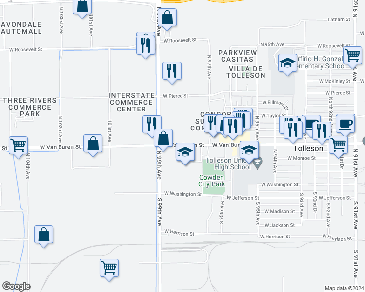 map of restaurants, bars, coffee shops, grocery stores, and more near 9701 West Van Buren Street in Tolleson
