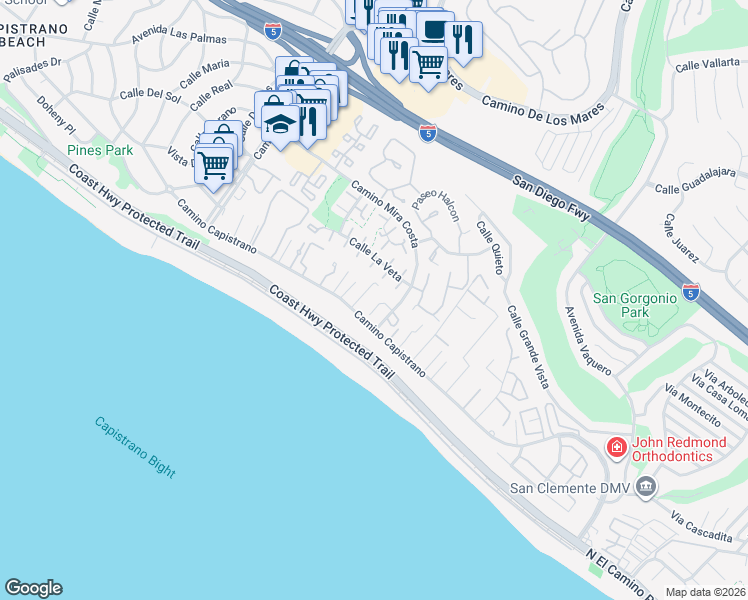 map of restaurants, bars, coffee shops, grocery stores, and more near 27345 Vista Azul in Dana Point