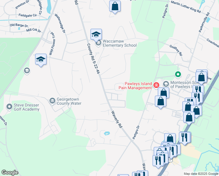 map of restaurants, bars, coffee shops, grocery stores, and more near 44 Saint Christopher Circle in Pawleys Island