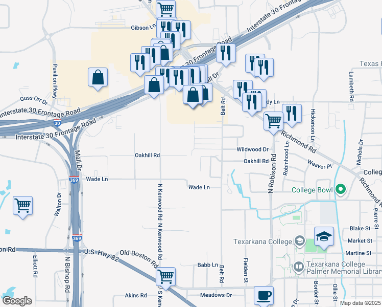 map of restaurants, bars, coffee shops, grocery stores, and more near 511 Champion Place in Texarkana