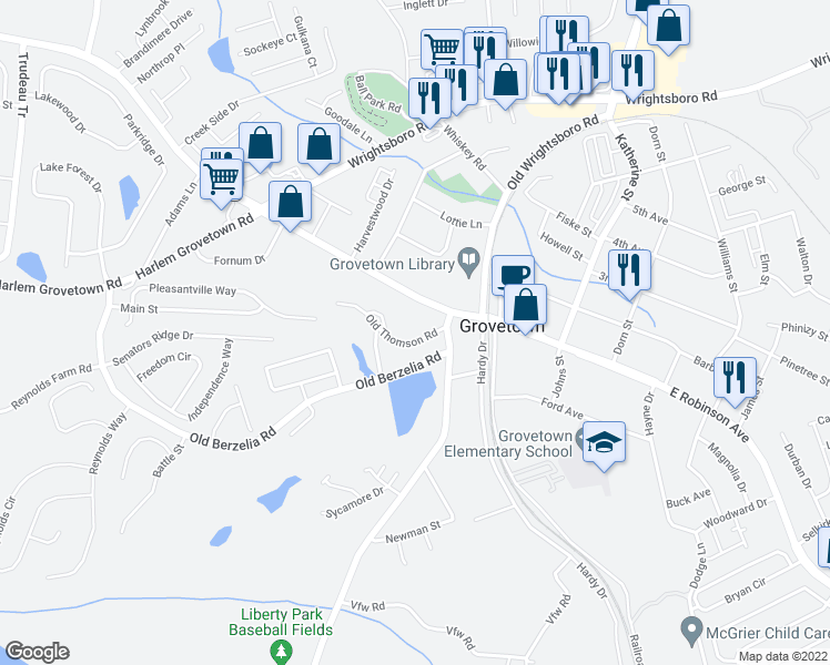map of restaurants, bars, coffee shops, grocery stores, and more near 114 Old Thomson Rd in Grovetown