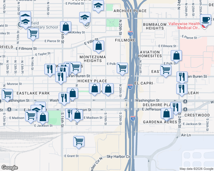 map of restaurants, bars, coffee shops, grocery stores, and more near 1901 East Monroe Street in Phoenix