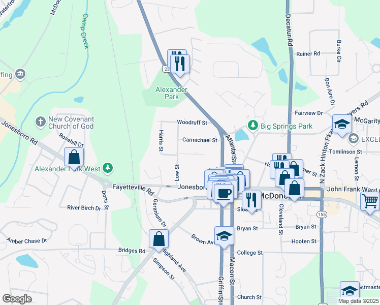 map of restaurants, bars, coffee shops, grocery stores, and more near 2 Brannan Street in McDonough
