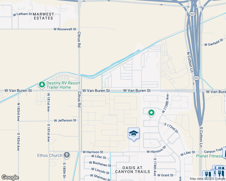 map of restaurants, bars, coffee shops, grocery stores, and more near 17701 West Van Buren Street in Goodyear