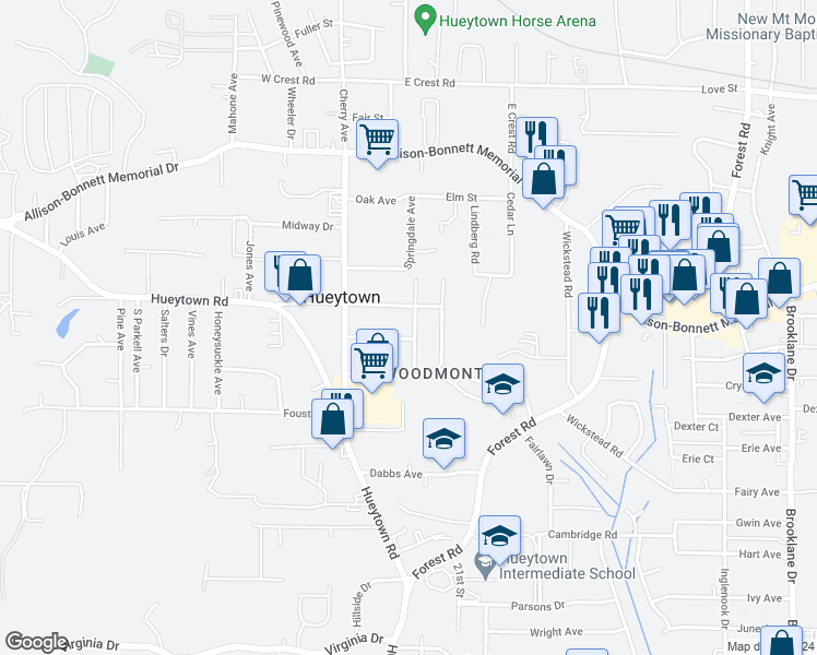 map of restaurants, bars, coffee shops, grocery stores, and more near 220 Ridgeway Road in Hueytown