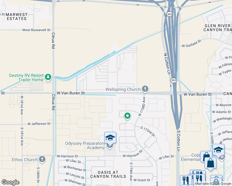 map of restaurants, bars, coffee shops, grocery stores, and more near 17877 West Van Buren Street in Goodyear
