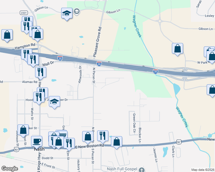 map of restaurants, bars, coffee shops, grocery stores, and more near 14 Robin Drive in Nash