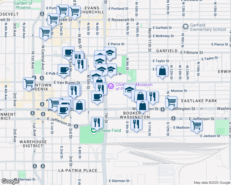 map of restaurants, bars, coffee shops, grocery stores, and more near North 8th Street in Phoenix