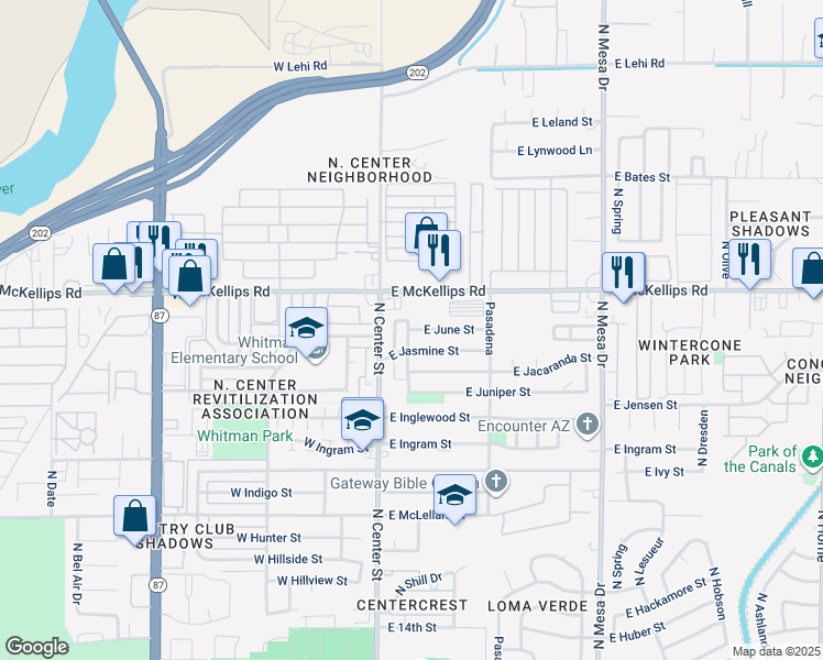 map of restaurants, bars, coffee shops, grocery stores, and more near 33 East June Street in Mesa