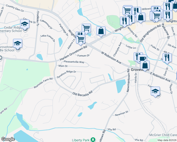 map of restaurants, bars, coffee shops, grocery stores, and more near 7507 Senators Ridge Drive in Grovetown