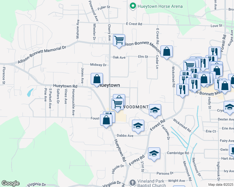 map of restaurants, bars, coffee shops, grocery stores, and more near 110 Edgewood Drive in Hueytown