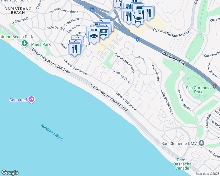 map of restaurants, bars, coffee shops, grocery stores, and more near 35295 Camino Capistrano in Dana Point