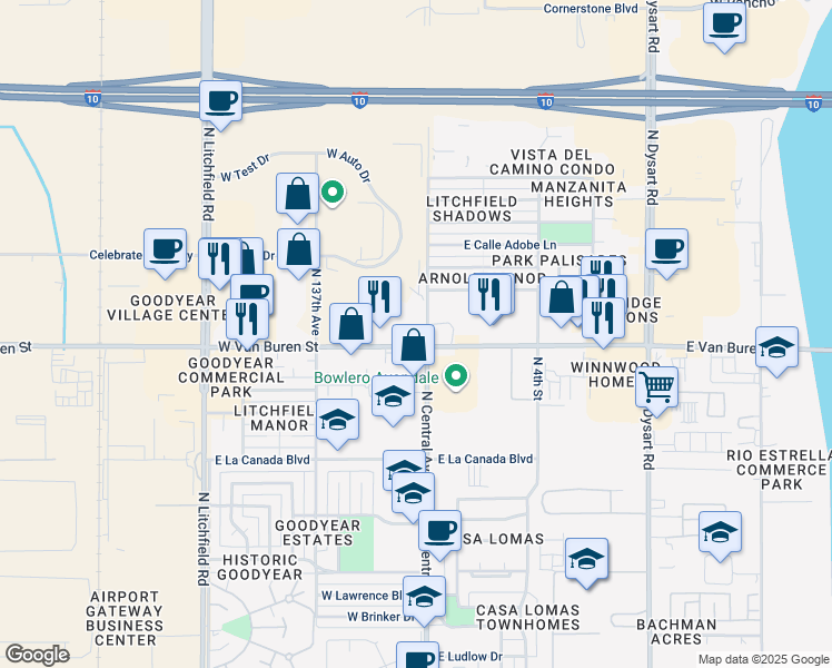 map of restaurants, bars, coffee shops, grocery stores, and more near 13524 West Van Buren Street in Goodyear