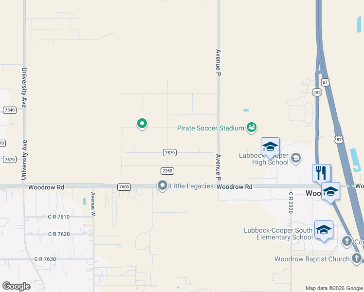 map of restaurants, bars, coffee shops, grocery stores, and more near County Road 7570 in Lubbock