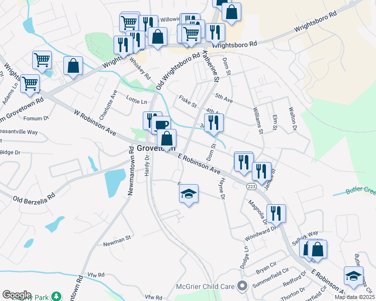 map of restaurants, bars, coffee shops, grocery stores, and more near 201 East Robinson Avenue in Grovetown