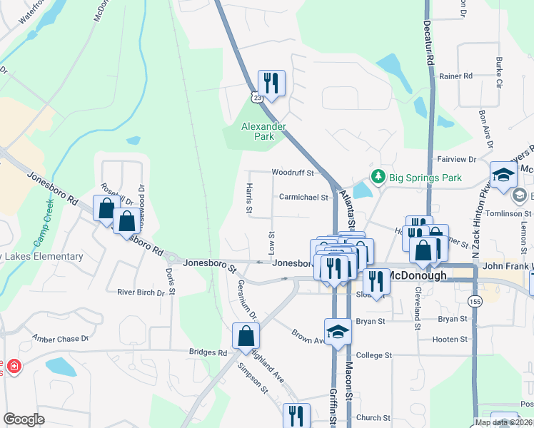 map of restaurants, bars, coffee shops, grocery stores, and more near 75 Harris Street in McDonough