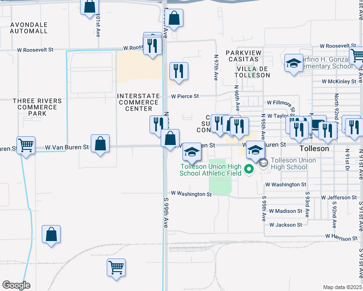 map of restaurants, bars, coffee shops, grocery stores, and more near 9835 West Van Buren Street in Tolleson