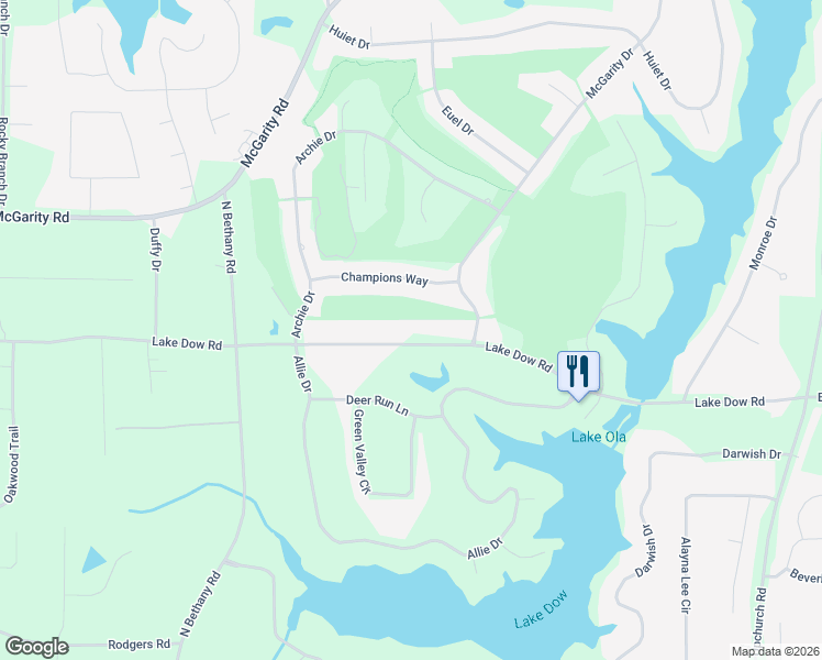 map of restaurants, bars, coffee shops, grocery stores, and more near 1605 Lake Dow Road in McDonough