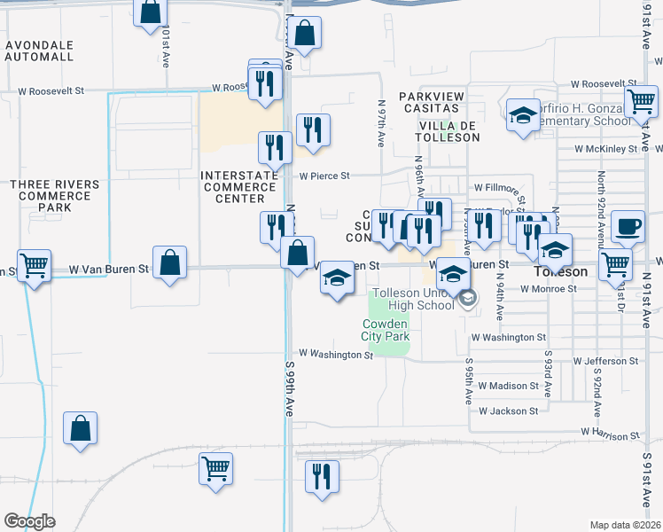 map of restaurants, bars, coffee shops, grocery stores, and more near 9701 West Van Buren Street in Tolleson