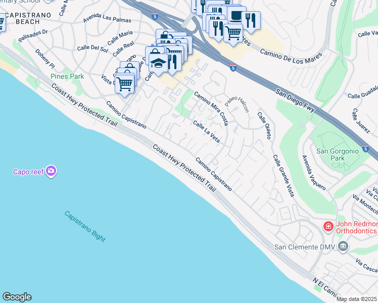 map of restaurants, bars, coffee shops, grocery stores, and more near 35295 Camino Capistrano in Dana Point
