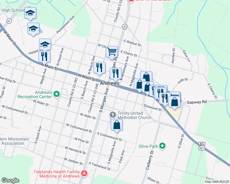 map of restaurants, bars, coffee shops, grocery stores, and more near 8 South Rosemary Avenue in Andrews