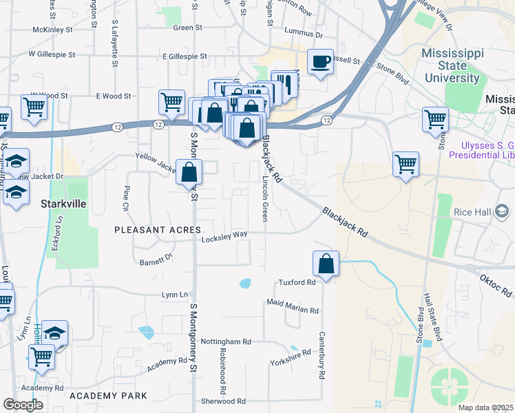 map of restaurants, bars, coffee shops, grocery stores, and more near 110 Lincoln Green in Starkville