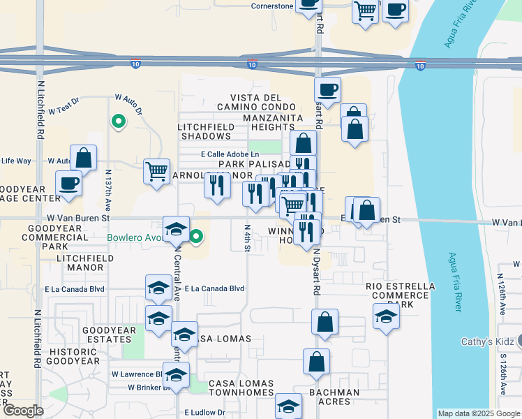map of restaurants, bars, coffee shops, grocery stores, and more near in Goodyear