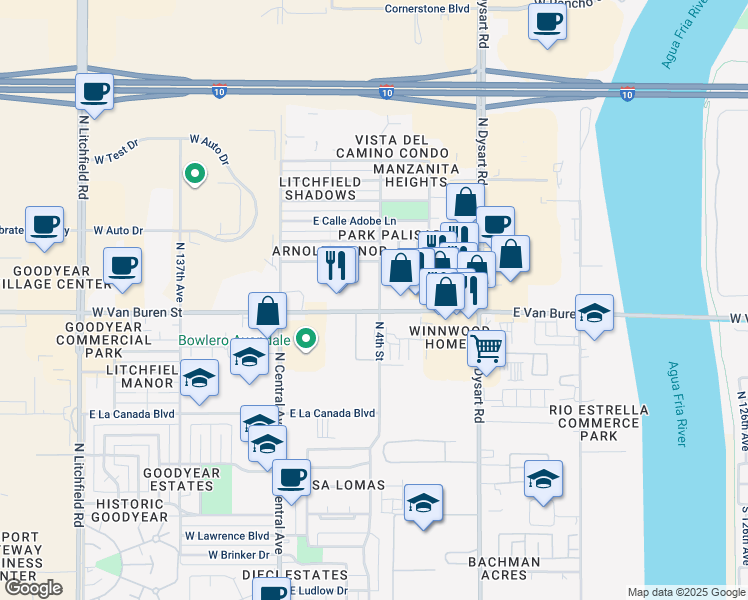 map of restaurants, bars, coffee shops, grocery stores, and more near 13310 West Van Buren Street in Goodyear