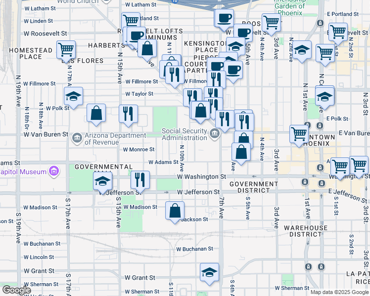 map of restaurants, bars, coffee shops, grocery stores, and more near 127 North 10th Avenue in Phoenix