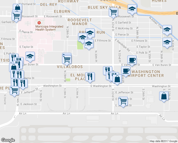 map of restaurants, bars, coffee shops, grocery stores, and more near N 30th St & E Monroe St in Phoenix