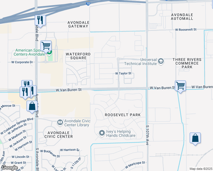 map of restaurants, bars, coffee shops, grocery stores, and more near 10910 West Woodland Avenue in Avondale
