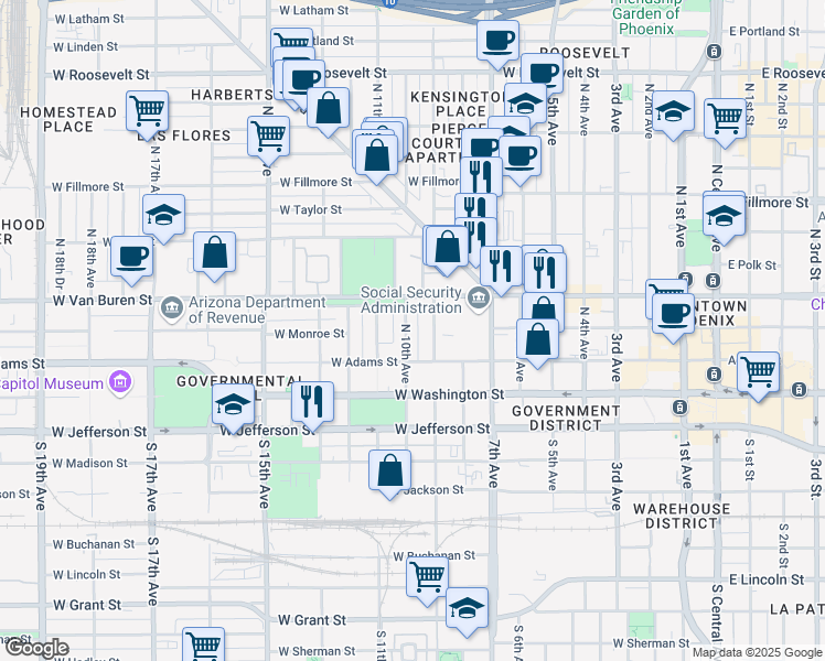 map of restaurants, bars, coffee shops, grocery stores, and more near 127 North 10th Avenue in Phoenix